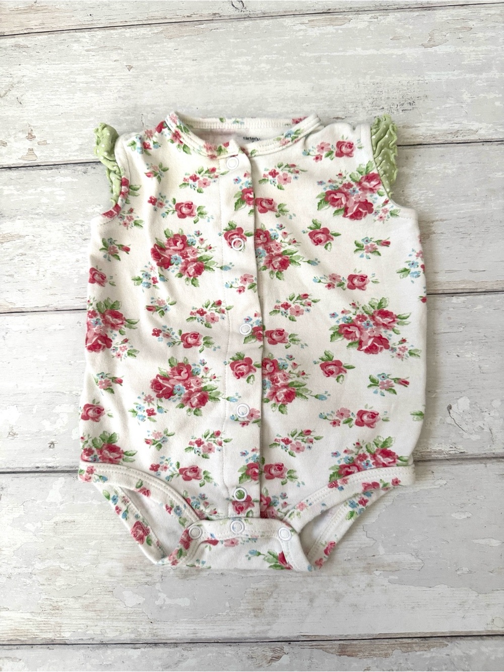 Carters 6m Baby Girl Floral Summer Romper One Piece Outfit Green Pink Ruffles
